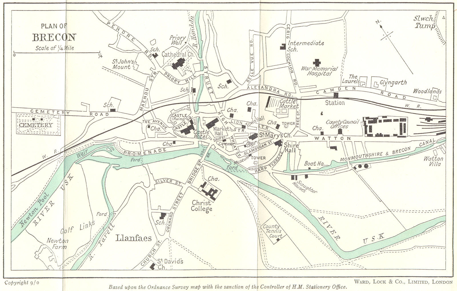 BRECON vintage town/city plan. Wales. WARD LOCK 1950 old vintage map chart